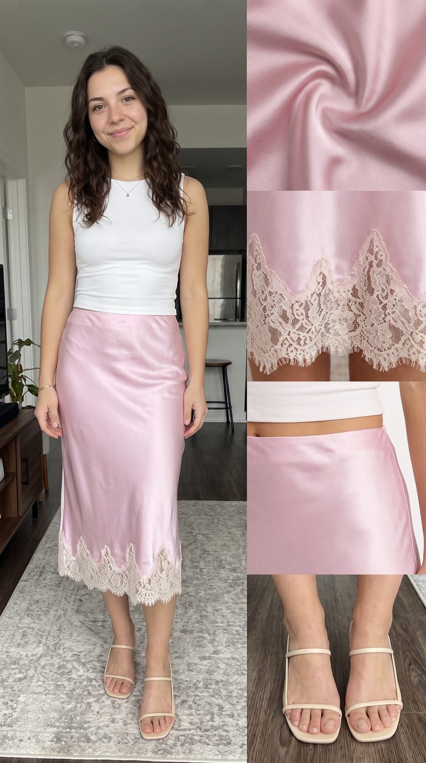 Elegant Lace Satin Midi Skirt